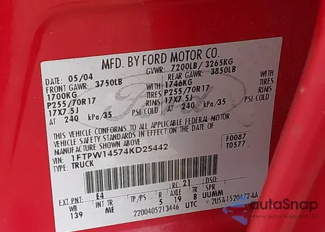 2004 Ford F-150 Fx4/Lariat/Xlt из США, поврежденный, VIN 1FTPW14574KD25442